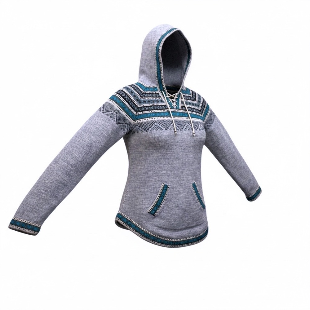Artesania Hand Knit Alpaca Blend Sweater Women Medium Blue Nordic Hooded Boho